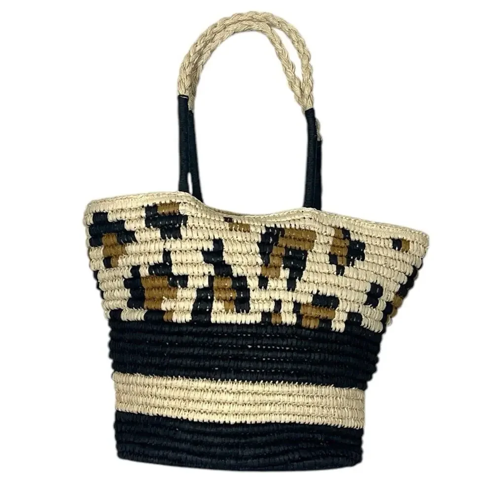 Women’s Tote Bag Woven Braided Casual Zip Closure Black Natural Size Large